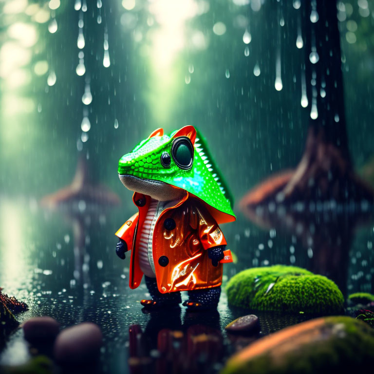 Colorful Mechanical Toy Frog in Rainforest Setting with Raindrops