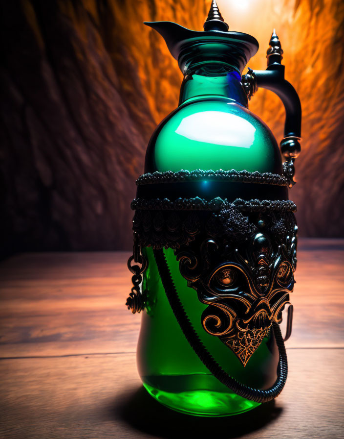 Intricate Green Decanter with Black and Gold Detailing