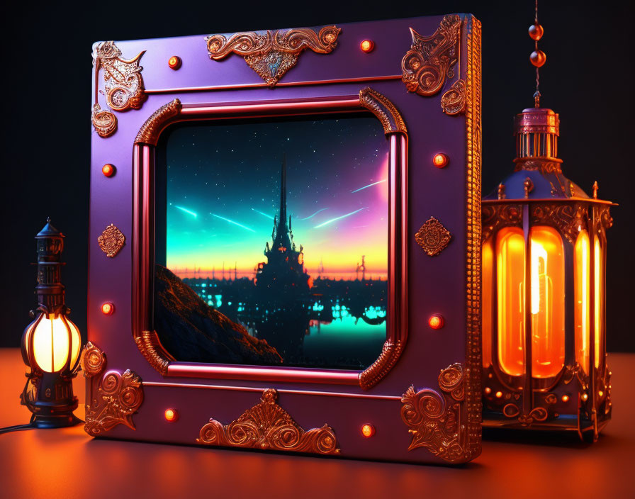 Purple and gold ornate frame with fantasy castle image and lantern on reflective surface