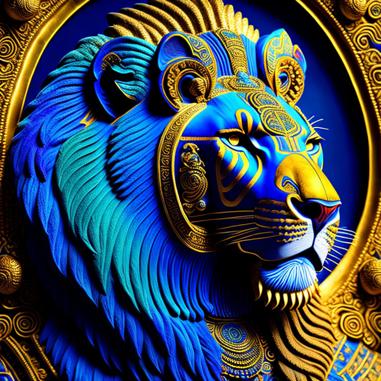 Blue lion digital artwork with intricate golden patterns on textured background