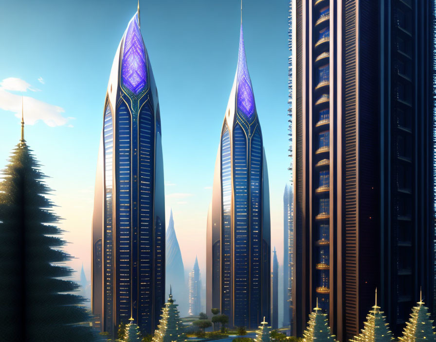 Modern skyscrapers with crystal-like tops and lush coniferous trees against a sunrise/sunset sky