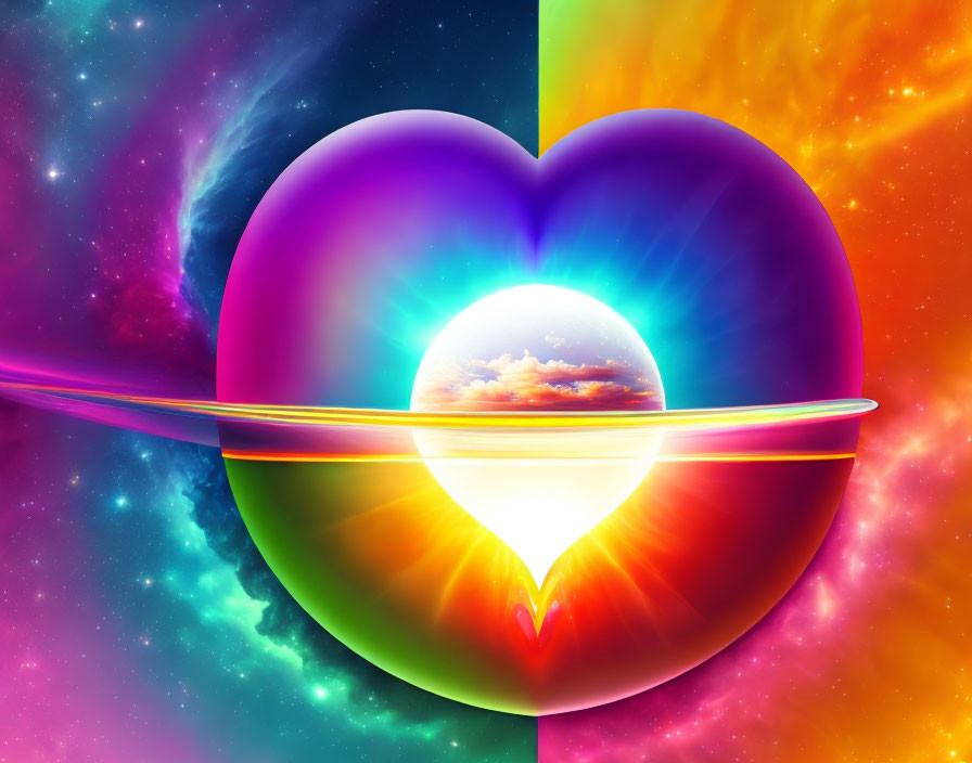 Colorful Heart-Shaped Image with Cosmic Background and Serene Landscape