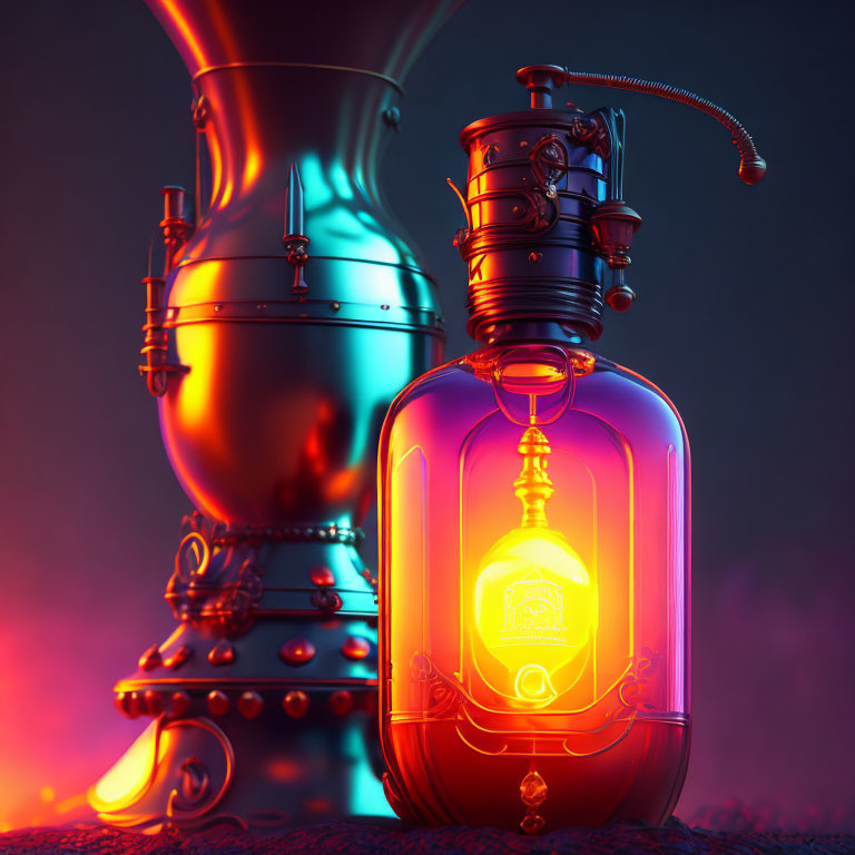 Detailed Steampunk Scene with Glowing Orange and Purple Color Scheme