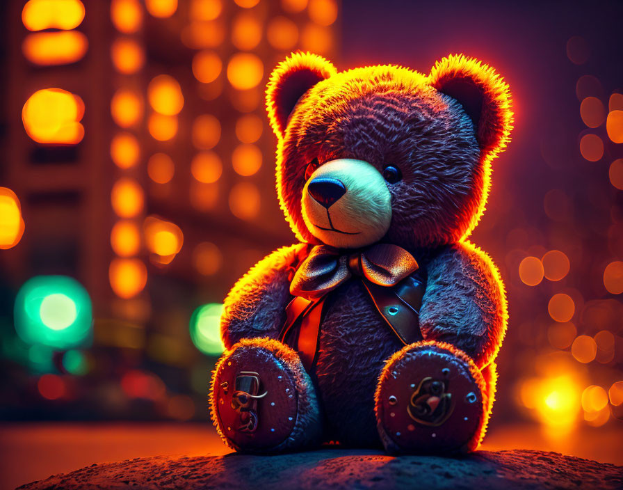 Plush teddy bear with bow tie in warm glow against city lights at night