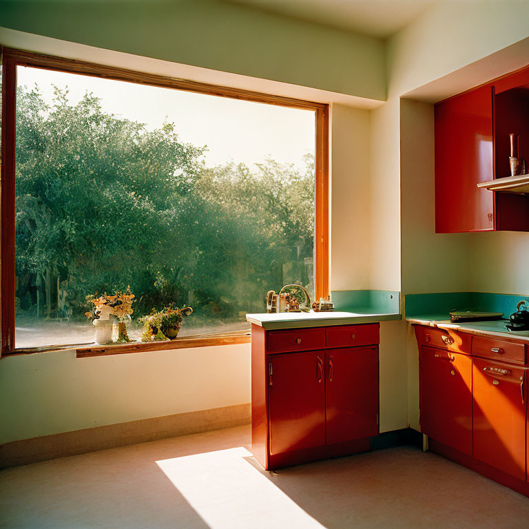 Red and green cozy kitchen with large window view