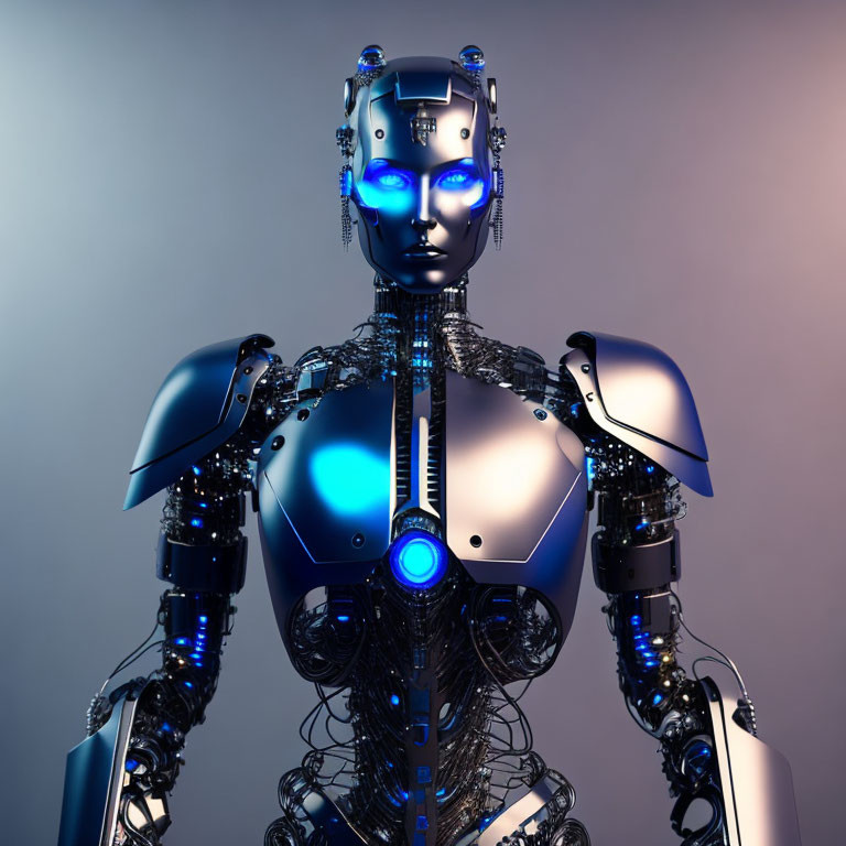 Detailed humanoid robot with metallic structure and glowing blue eyes