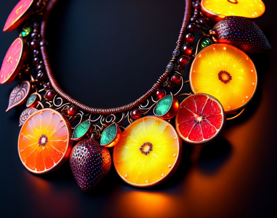 Fruit-themed ornate necklace on reflective surface