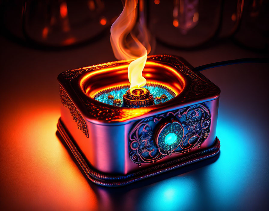 Metal oil warmer with lit wick and blue designs emitting soft glow