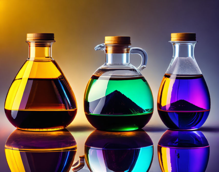 Colorful liquids in glass bottles on gradient background with glossy reflection