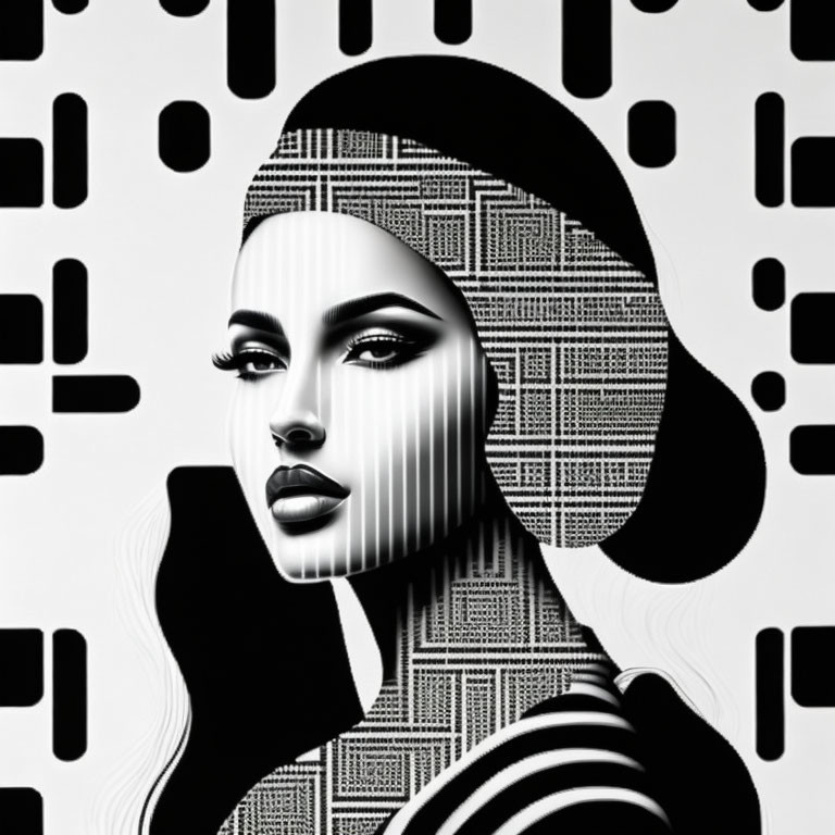 Monochrome Barcode and Geometric Face Illustration