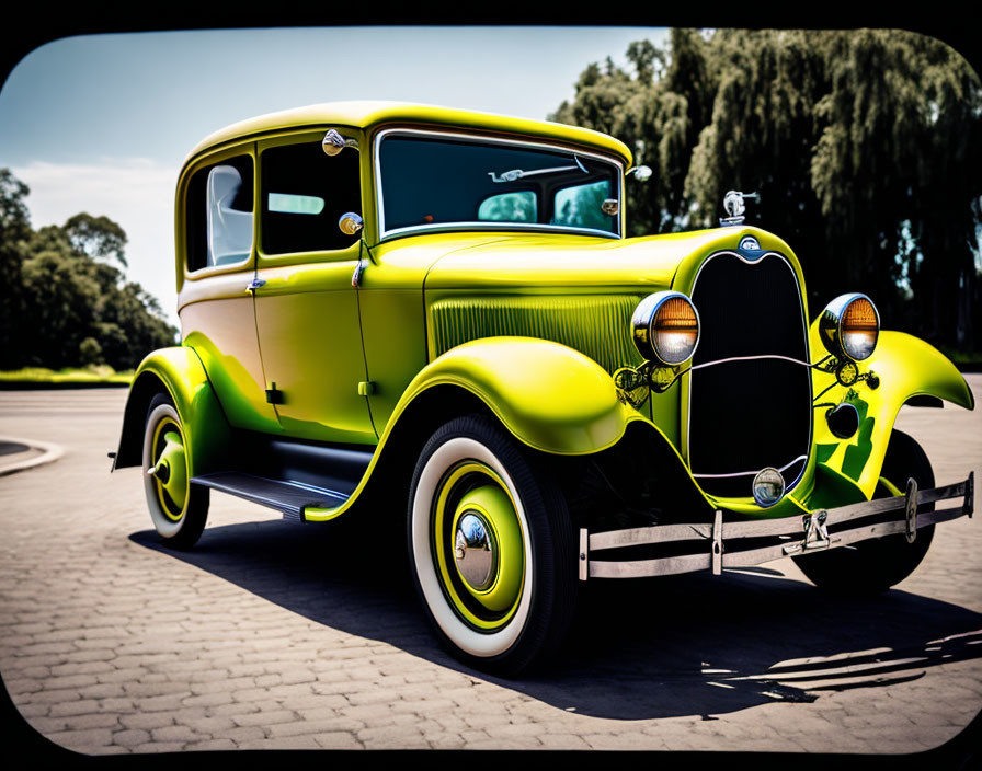 Vintage Yellow Car with Green Accents and Round Headlights