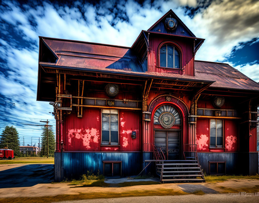 Historic red train station with ornate details under a blue sky