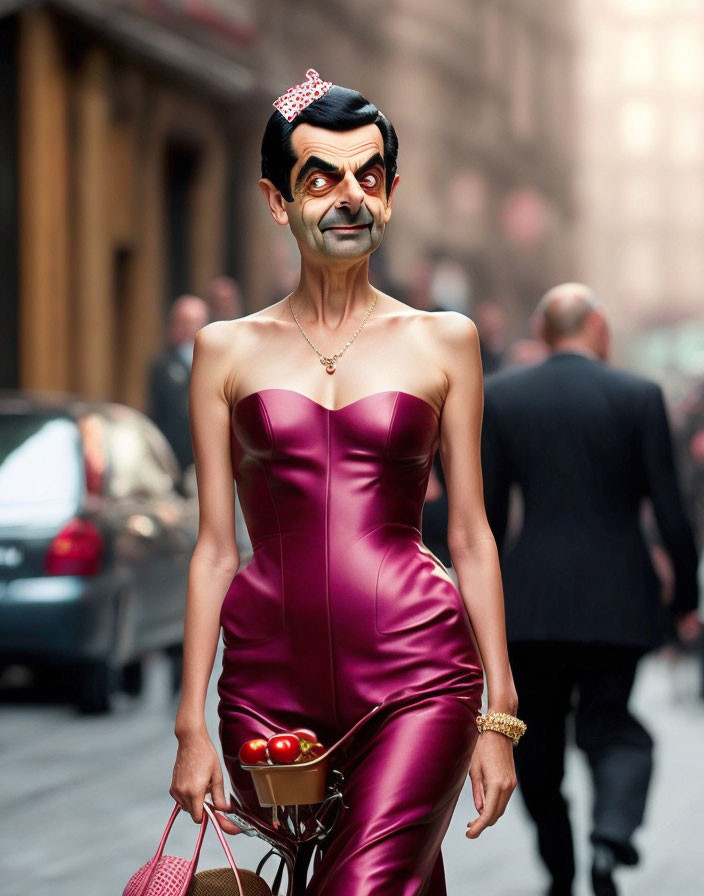 Caricatured image: Mr. Bean's face on woman's body riding bike in red dress