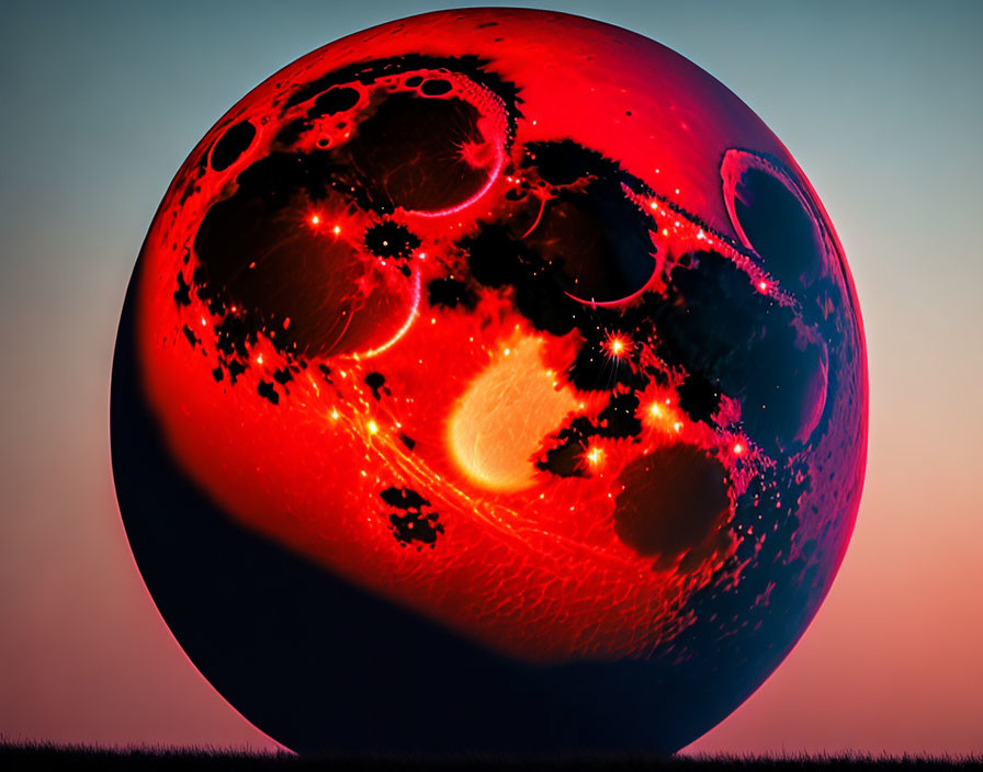 Fiery Red and Black Sphere in Twilight Sky