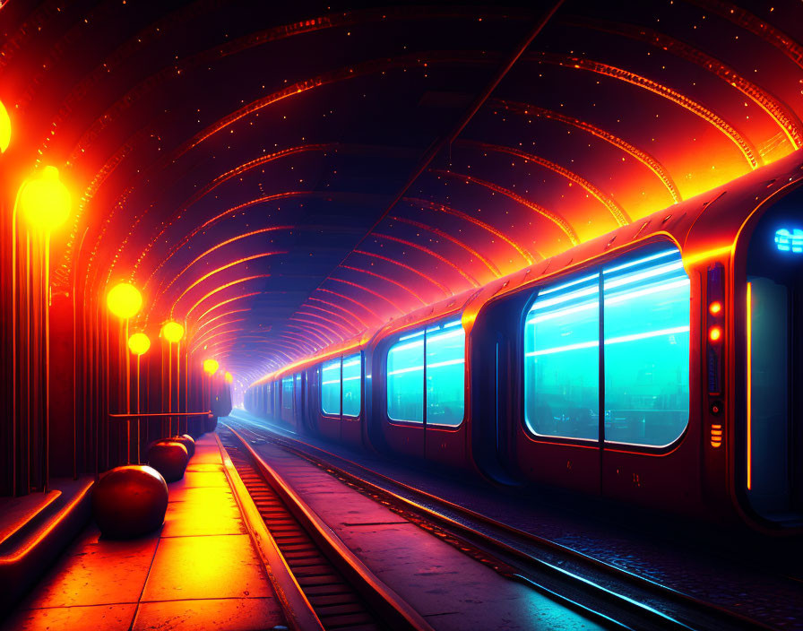 Futuristic train in illuminated tunnel with blue and orange lights