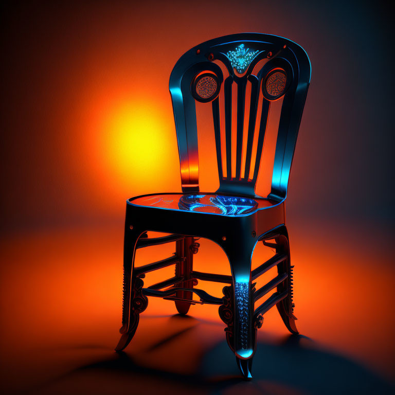 Ornate antique chair illuminated in blue against warm orange background