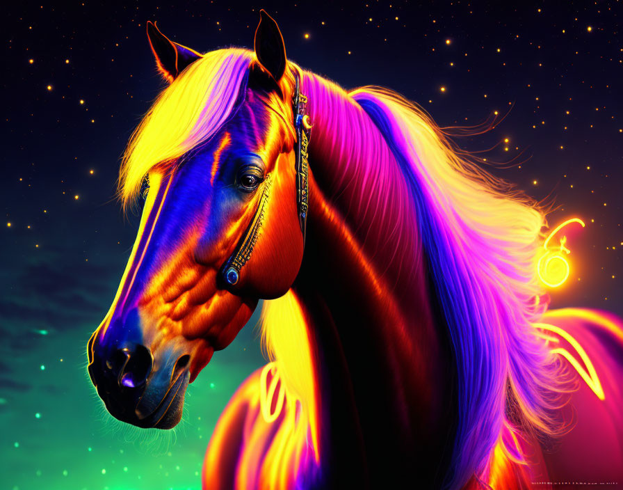 Colorful horse artwork with glowing mane on starry night sky.