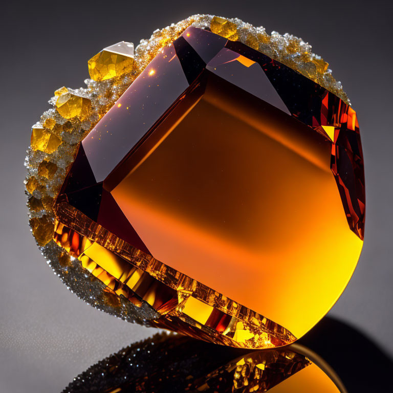 Faceted Amber-Colored Gemstone with Smaller Crystals on Edge