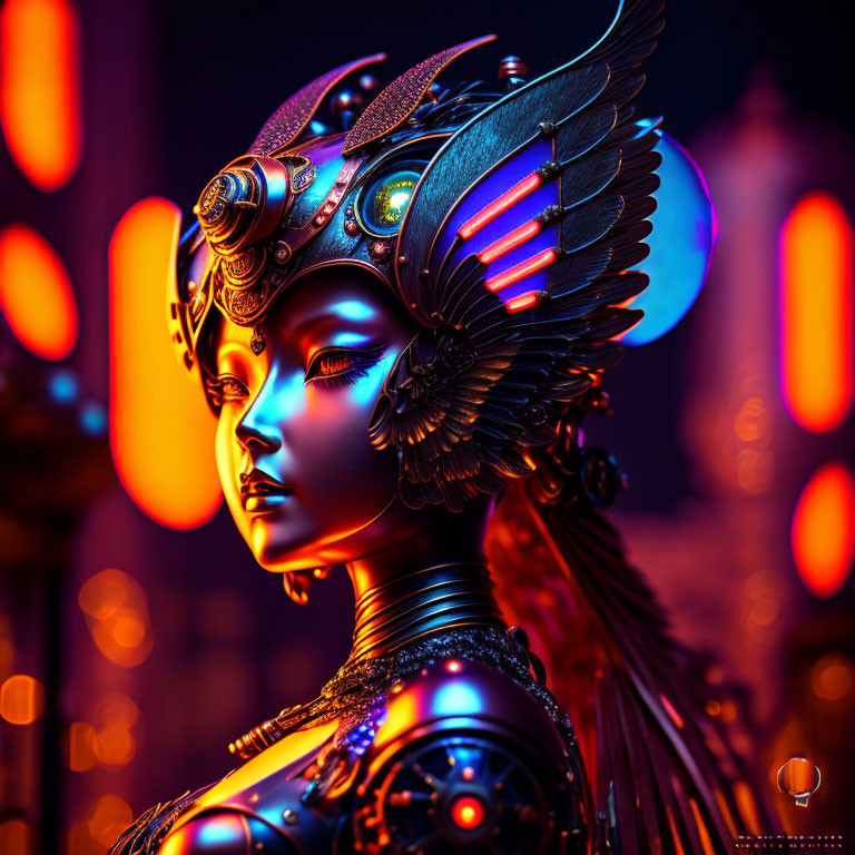 Digital artwork: Female figure with mechanical features and ornate headdress in warm lighting