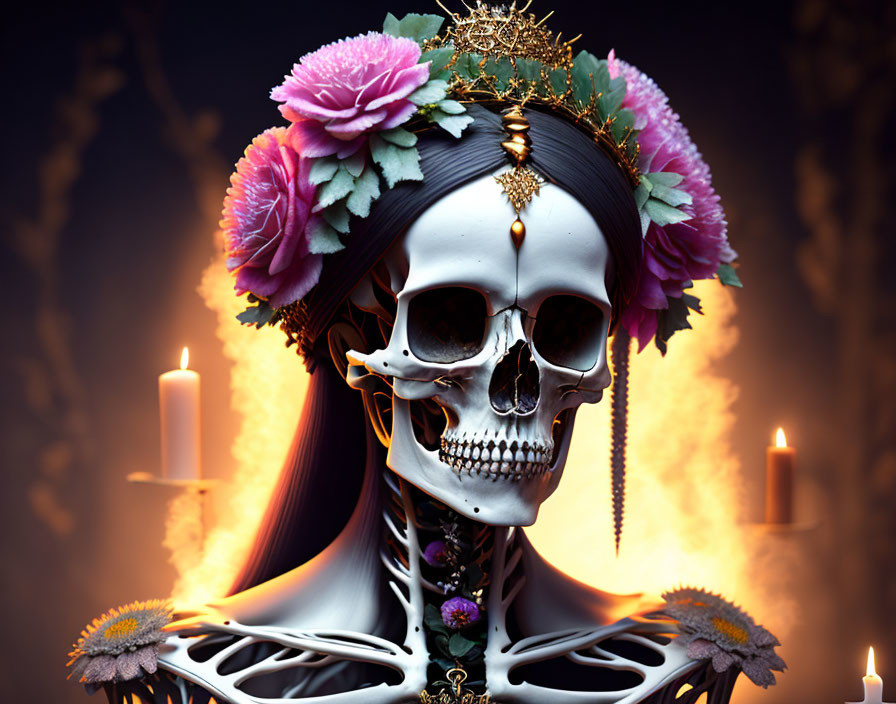 Digital artwork: skeletal figure with floral headpiece, crown, candles, mystical background