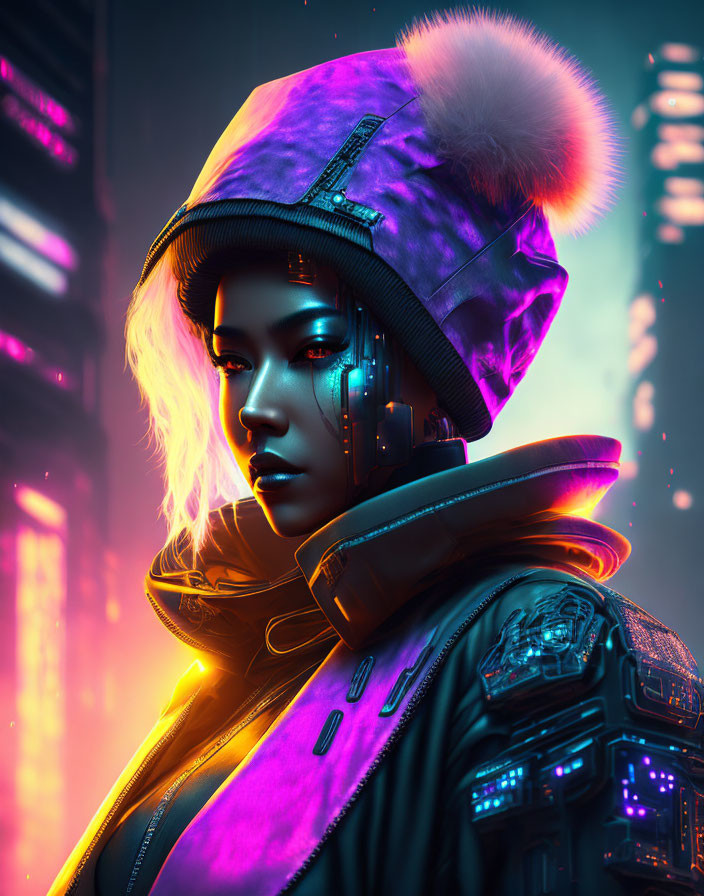 Cybernetic woman with glowing eye in purple hat and futuristic jacket against neon-lit urban backdrop