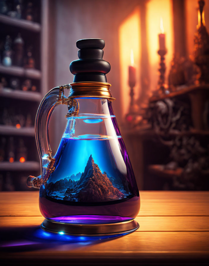 Glass teapot with blue liquid and mountain image on warm, candle-lit background