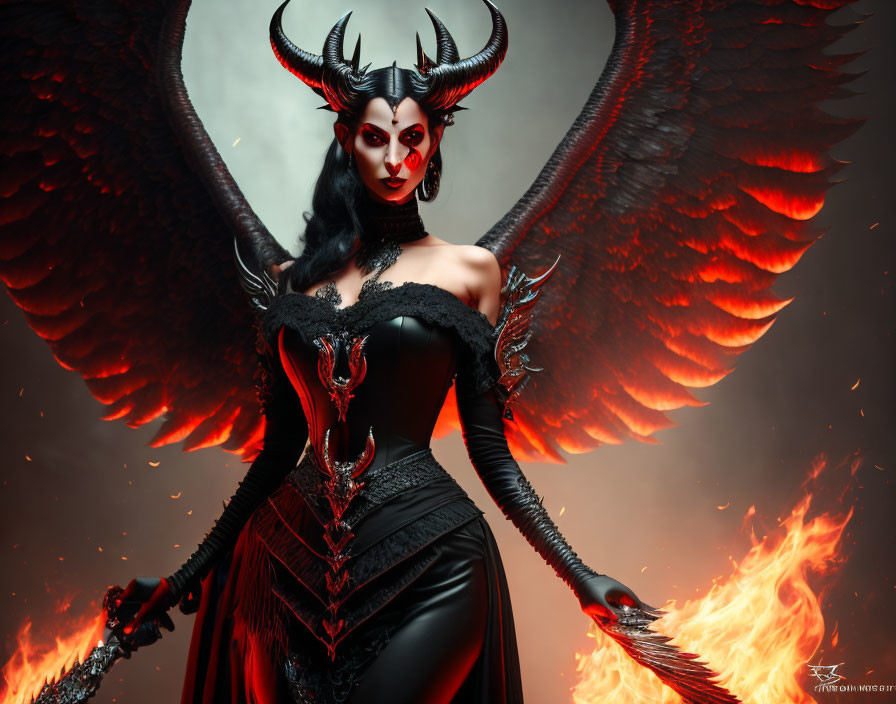 Dark angelic female figure with wings, horns, red eyes, gothic dress in fiery setting