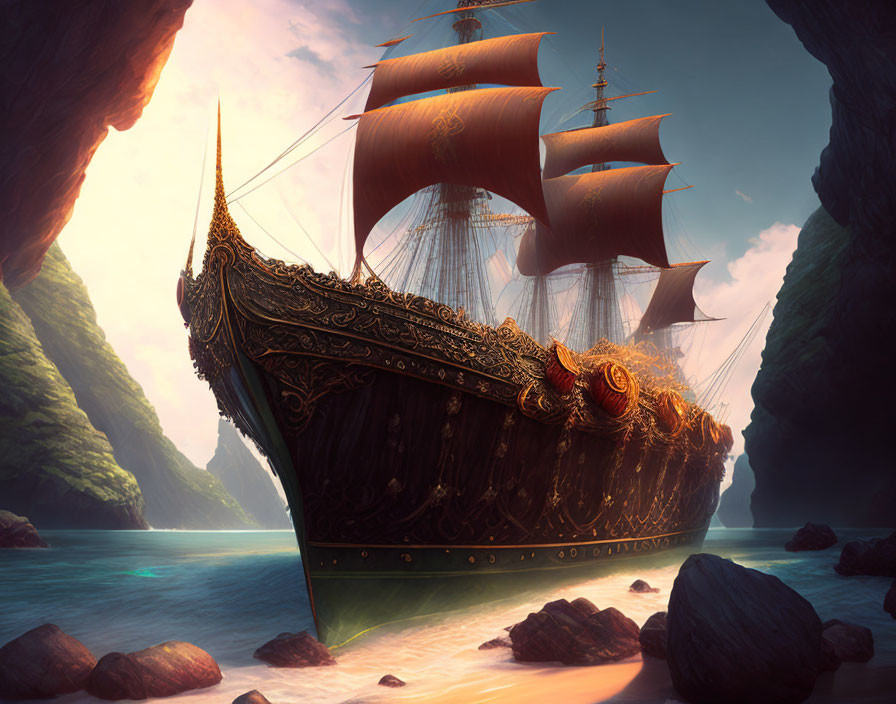 Ornate sailing ship with red sails in sunlit canyon