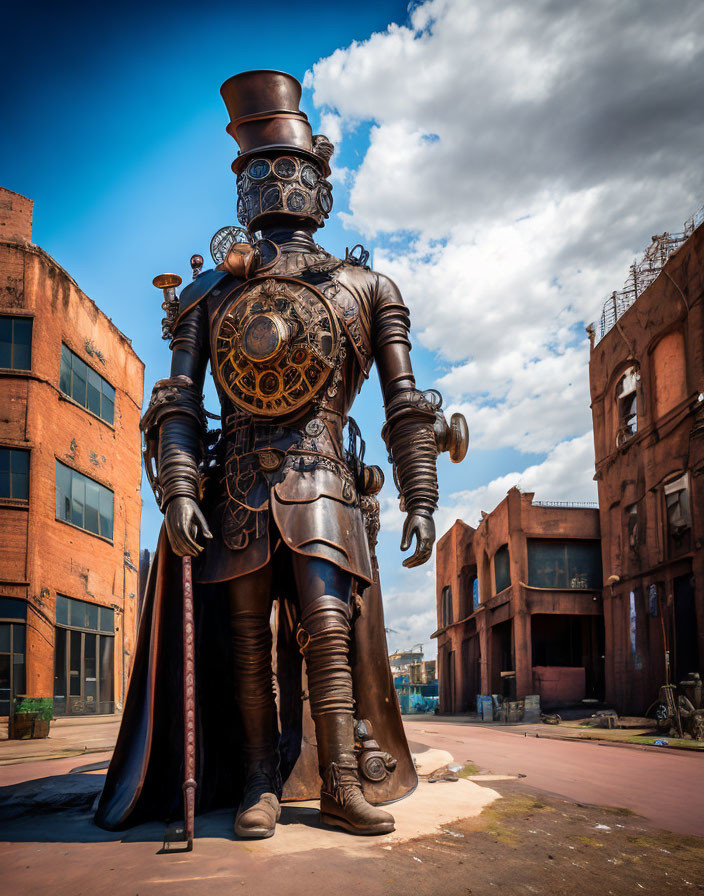 Steampunk-style robotic figure with top hat and cape in industrial setting