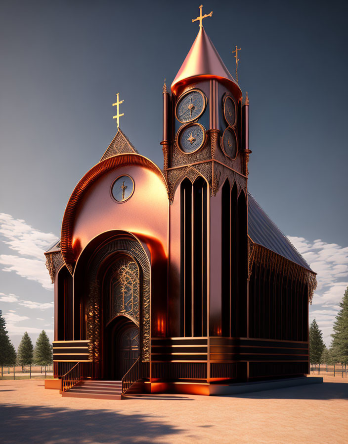 Gothic-style church 3D rendering with copper tones and ornate details