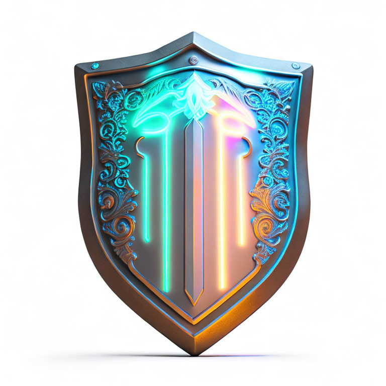 Colorful Neon Blue and Orange Shield with Sword Motif on White Background