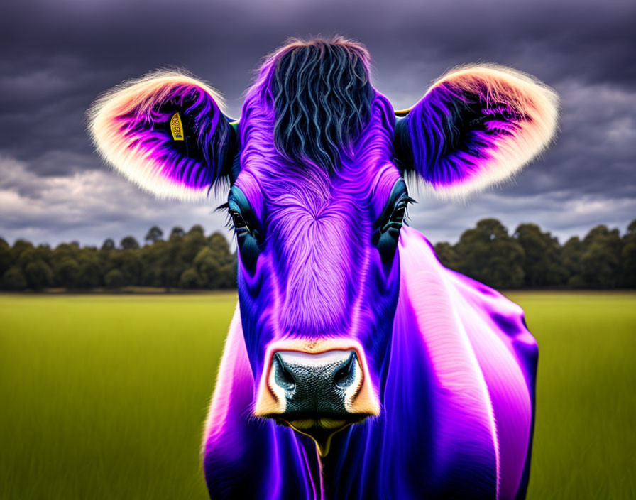 Vibrant purple and blue cow against dark sky and green field