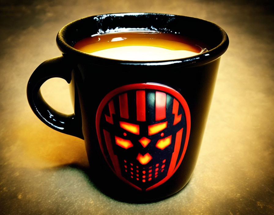 Black Mug with Red Superhero Logo and Steaming Amber Liquid