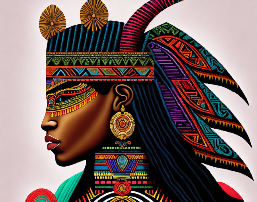 Vibrant Person Portrait with Traditional Headdress and Geometric Patterns