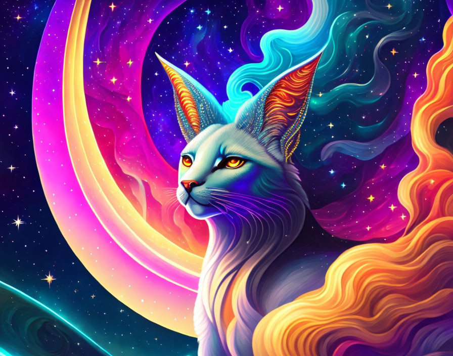 Majestic cosmic cat with galaxies and stars in fur