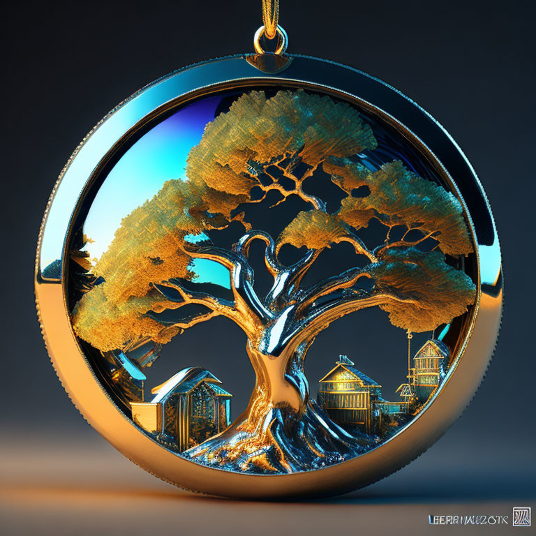 Detailed Tree and Buildings Design on Golden Pendant Reflecting Orange Hue