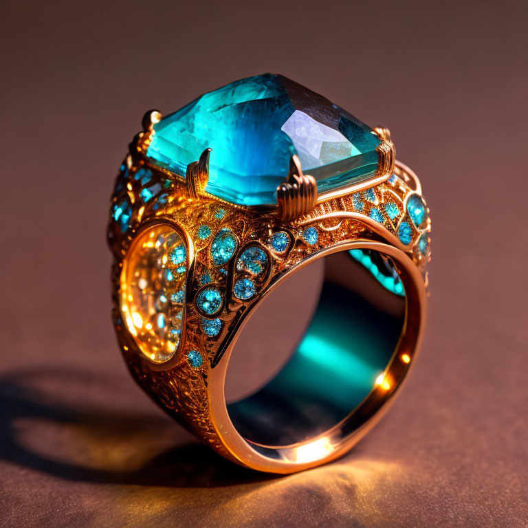 Gold Ring with Large Blue Gemstone and Sparkling Gems on Moody Background