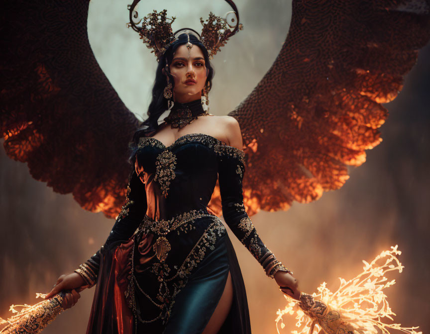 Regal woman in dark gown with crown, standing among glowing embers and fiery heart-shaped wings.