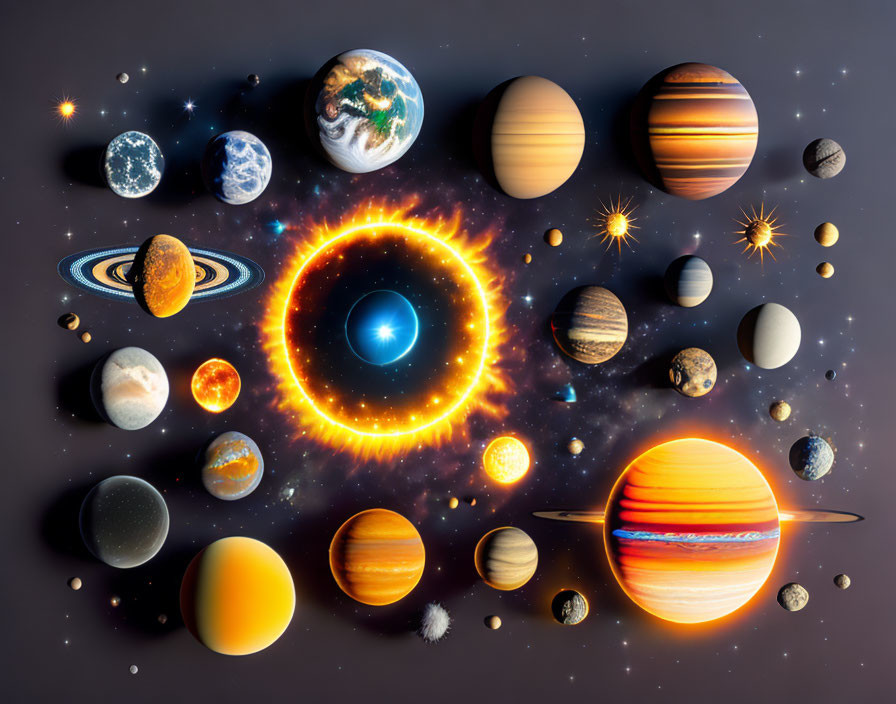 Celestial Bodies Artwork Featuring Planets, Moons, and Star