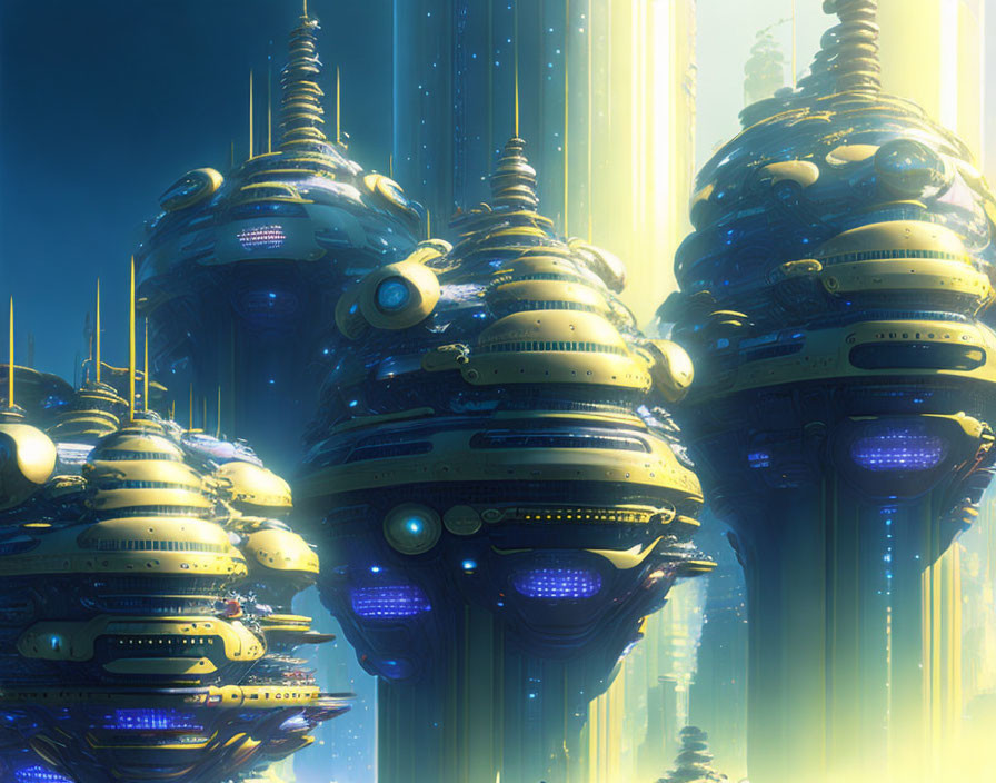 Futuristic floating cities with layered structures and glowing lights