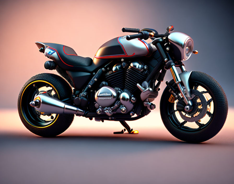 Black Cafe Racer Motorcycle with Red Accents on Gradient Background