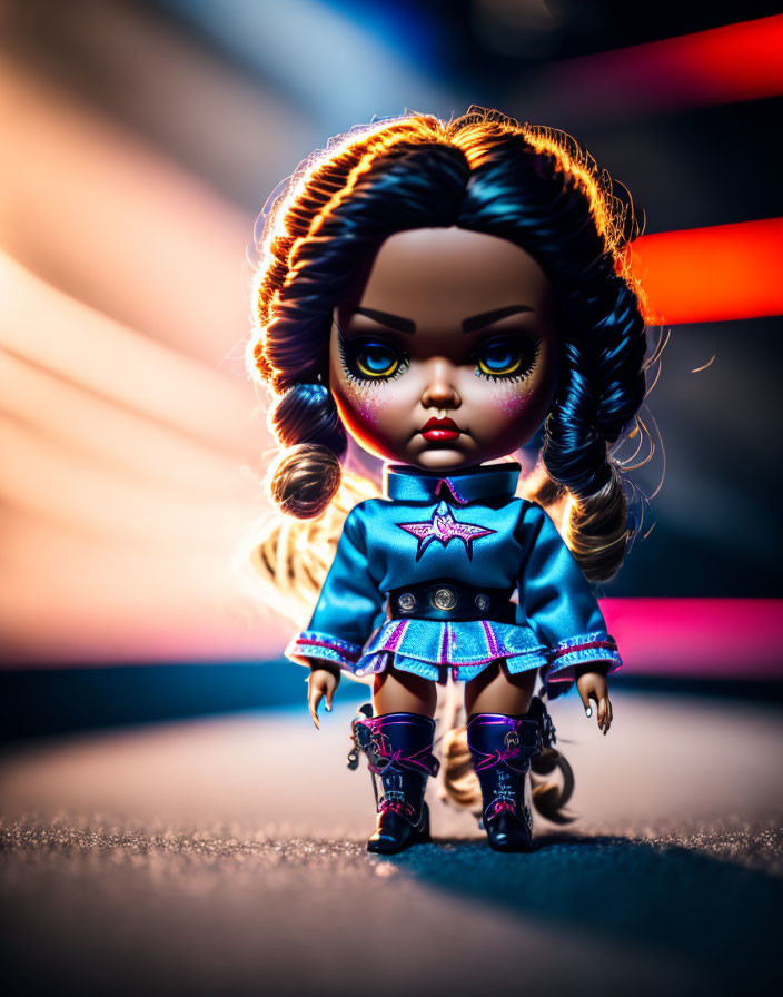 Dark-Haired Doll in Blue Outfit Against Neon Light Stripes