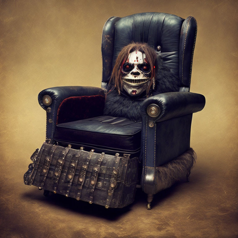 Skull Masked Figure on Leather Armchair against Grunge Background