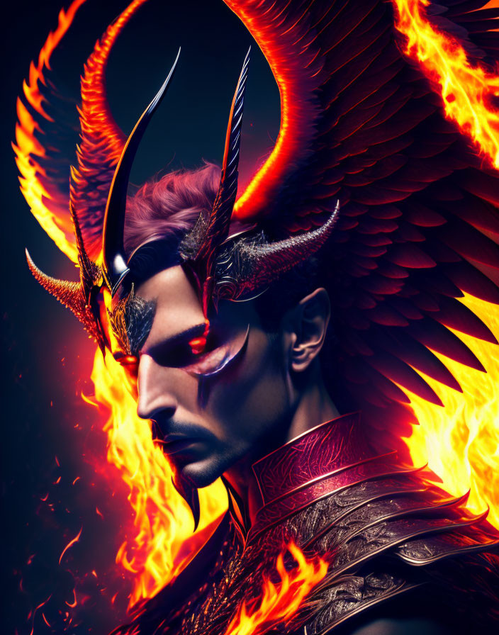 Fiery winged man portrait with horns on dark background