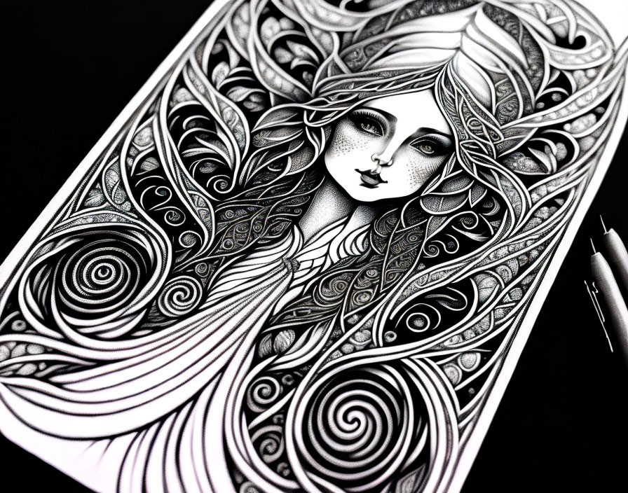 Detailed black and white illustration of a woman with flowing hair and intricate patterns, next to pens.