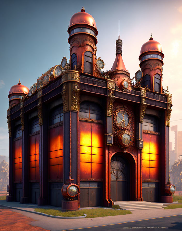 Steampunk-inspired building with glowing windows and rounded spires at twilight