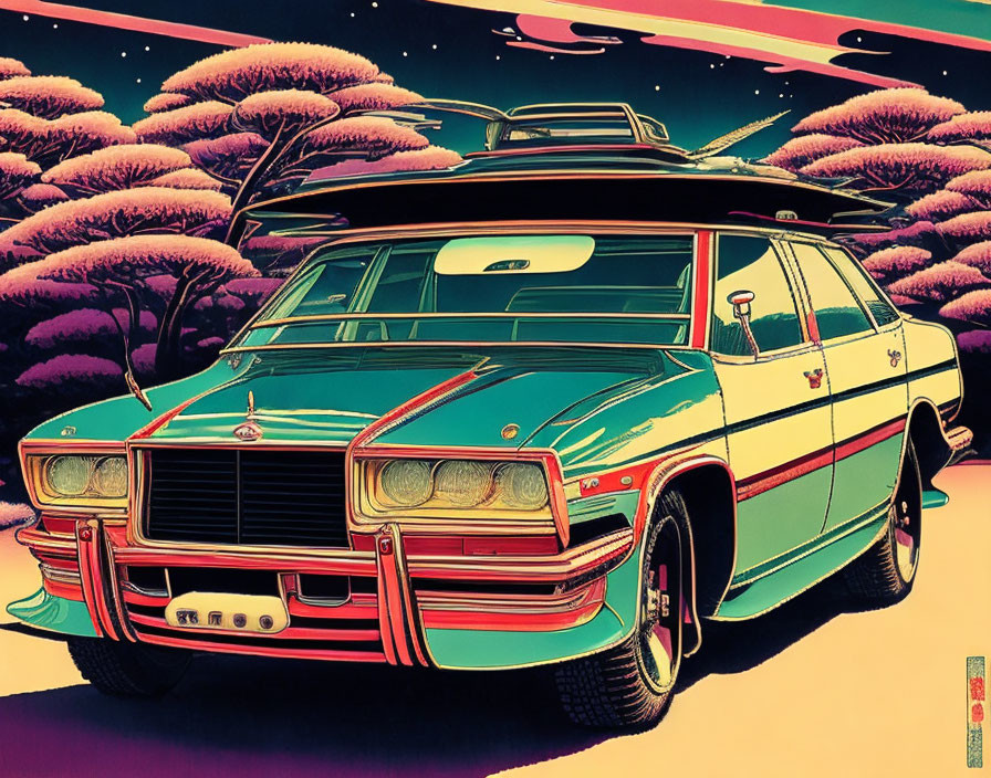 Retro-futuristic classic car illustration with vibrant stripes in surreal landscape