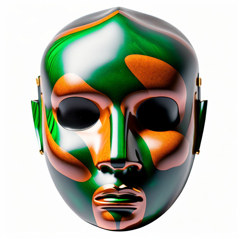 Shiny metallic mask with green and orange hues on white background