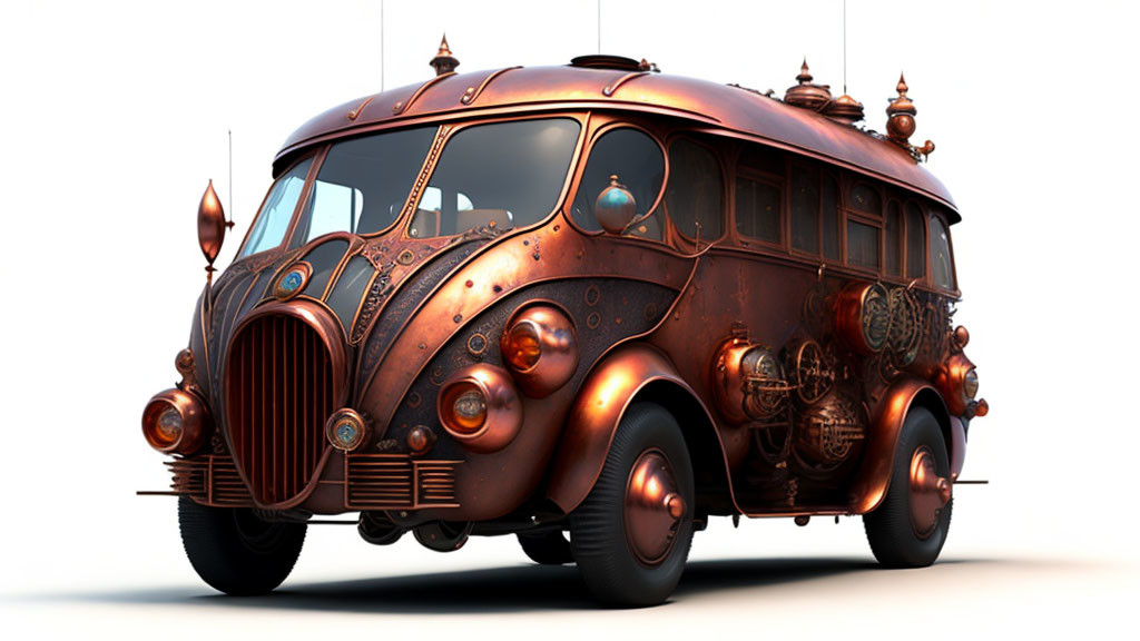 Steampunk-style bus with ornate copper detailing & round windows