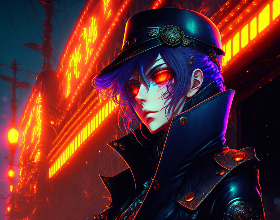 Character with Red Eyes and Blue Hair in Military Outfit on Neon Asian Street